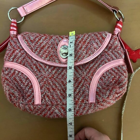 Y2K 90s Mini Bag Tweed Twill Striped Preppy Star Pink Latch Fringe Lined Purse - Picture 13 of 14